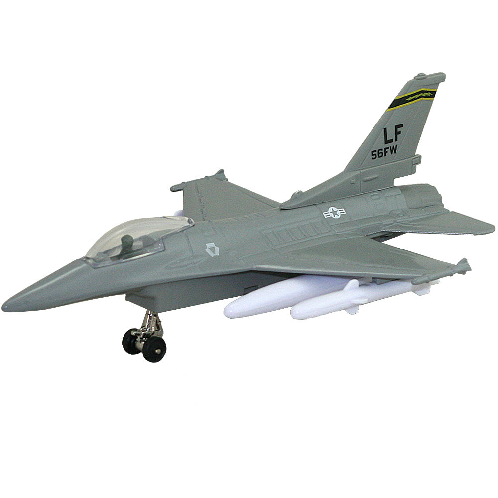 This 8 inch long diecast metal pullback replica of the F-16 Fighting Falcon is sure to please both young and old alike! Great value! Diecast metal and plastic Pullback and Go Action! 8 inches long INTF16M