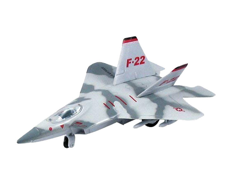 InAir 8 Inch Diecast Metal and Plastic Friction Powered Pullback Lockheed Martin F-22 Raptor Stealth Fighter Aircraft in Silver Camouflage with Historically Accurate Markings.