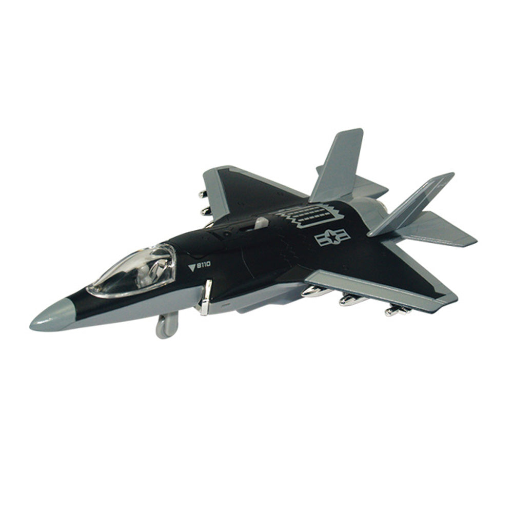 This 8 inch diecast metal pullback of the F-35 Fighter Jet is sure to please aviation enthusiasts of all ages! Features Lights & Sounds and fun pullback and go action!  Diecast metal and plastic Pullback and Go Action! 8 inches long