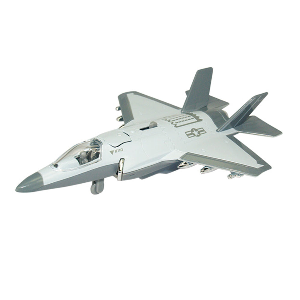 This 8 inch diecast metal pullback of the F-35 Fighter Jet is sure to please aviation enthusiasts of all ages! Features Lights & Sounds and fun pullback and go action!  Diecast metal and plastic Pullback and Go Action! 8 inches long