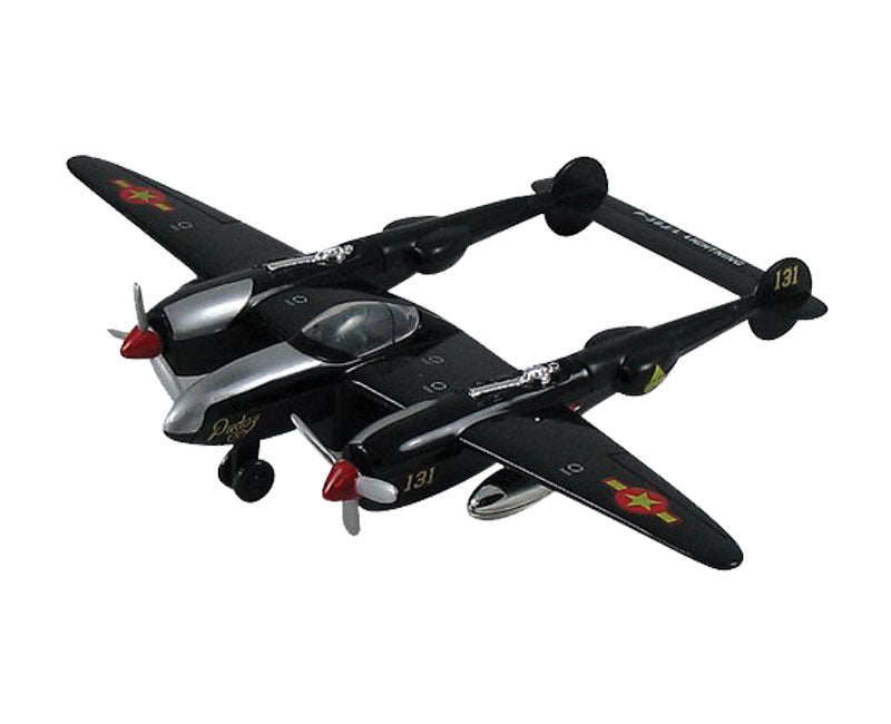 InAir 8.5 Inch Diecast Metal and Plastic Friction Powered Pullback Lockheed P-38 Lightning Fighter “Fork Tailed Devil” World War II Aircraft in Black with Historically Accurate Markings.