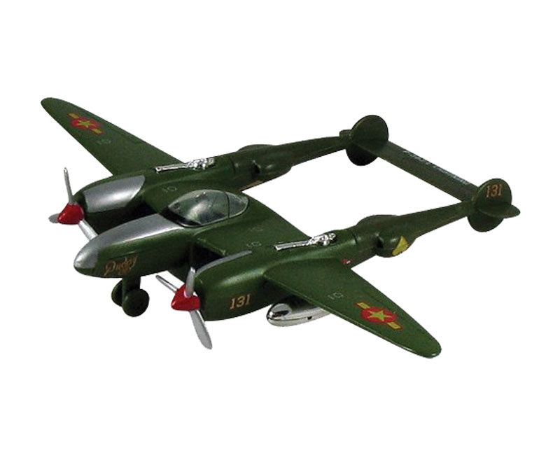 InAir 8.5 Inch Diecast Metal and Plastic Friction Powered Pullback Lockheed P-38 Lightning Fighter “Fork Tailed Devil” World War II Aircraft in Green with Historically Accurate Markings.
