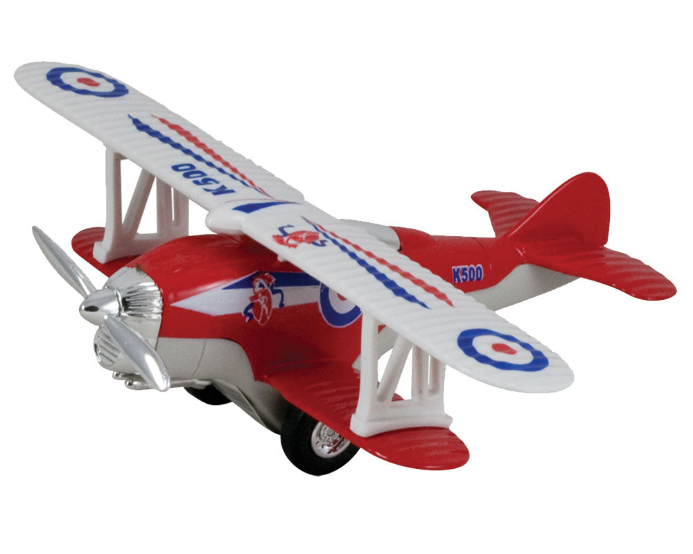 5 Inch Long Durable Die Cast Metal and Plastic Friction Powered Pullback Action Red Biplane Aircraft with Spinning Propeller when in Motion.