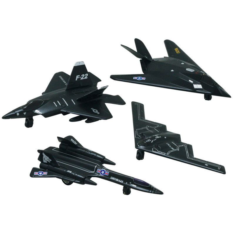 SET of 4 Small Die Cast Metal and Plastic Stealth Jet Fighter Aircraft with Friction Powered Pullback & Go Action, and Authentic Details. Pictured are: B-2 Spirit Bomber, SR-71 Blackbird, F-22 Raptor, & F-117 Nighthawk.