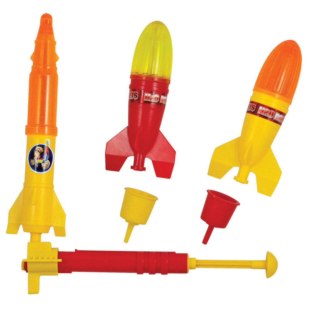 Deluxe Playset including 3 Colorful Plastic Water Propelled Rockets, 2 Funnels for Filling the Rockets, a Water Pressure Powered Launcher, and a Flight Book with Fun Facts and Games.