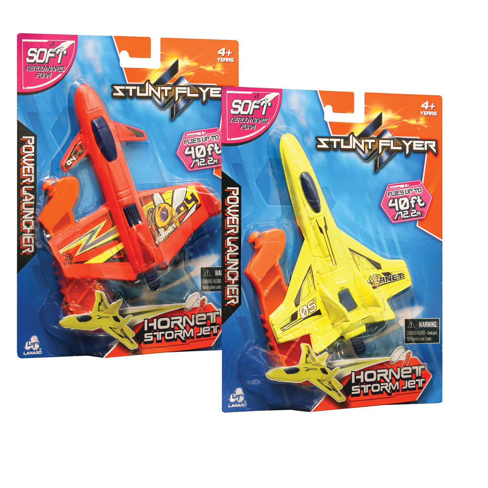 Stunt Flyer Hornet Storm Jet Made from soft, lightweight, aerodynamic foam, these stunt flyers resemble airshow jets and fly up to 40 feet!  Ages 4+ Two Assorted Styles Material: Foam Flying Toys Lanard Toys