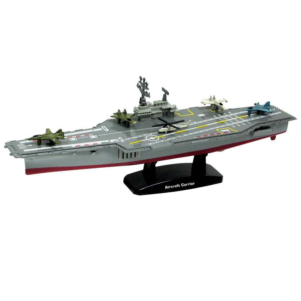 This 9 inch metal collectible diecast aircraft carrier replica moves easily on hidden wheels. Battle Zone brand, comes with display stand and 5 micro diecast aircraft included RedBox / Motormax InAir