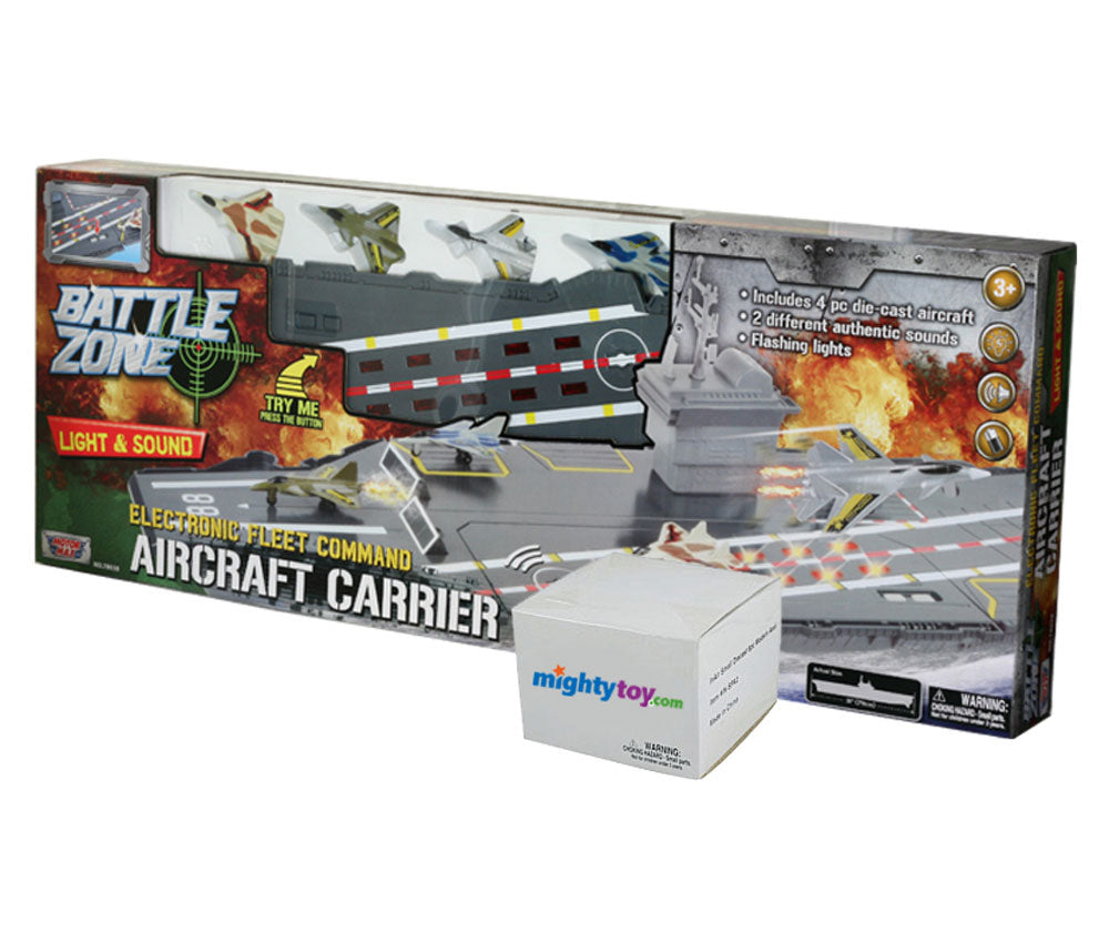 This durable plastic interactive extra large 31 inch toy aircraft carrier playset includes 4 diecast metal jets, 6 WWII diecast metal airplanes, flashing runway lights, authentic sounds and a large storage compartment. Electronic Fleet Command Battle Zone brand playset with InAir diecast metal toy airplanes.