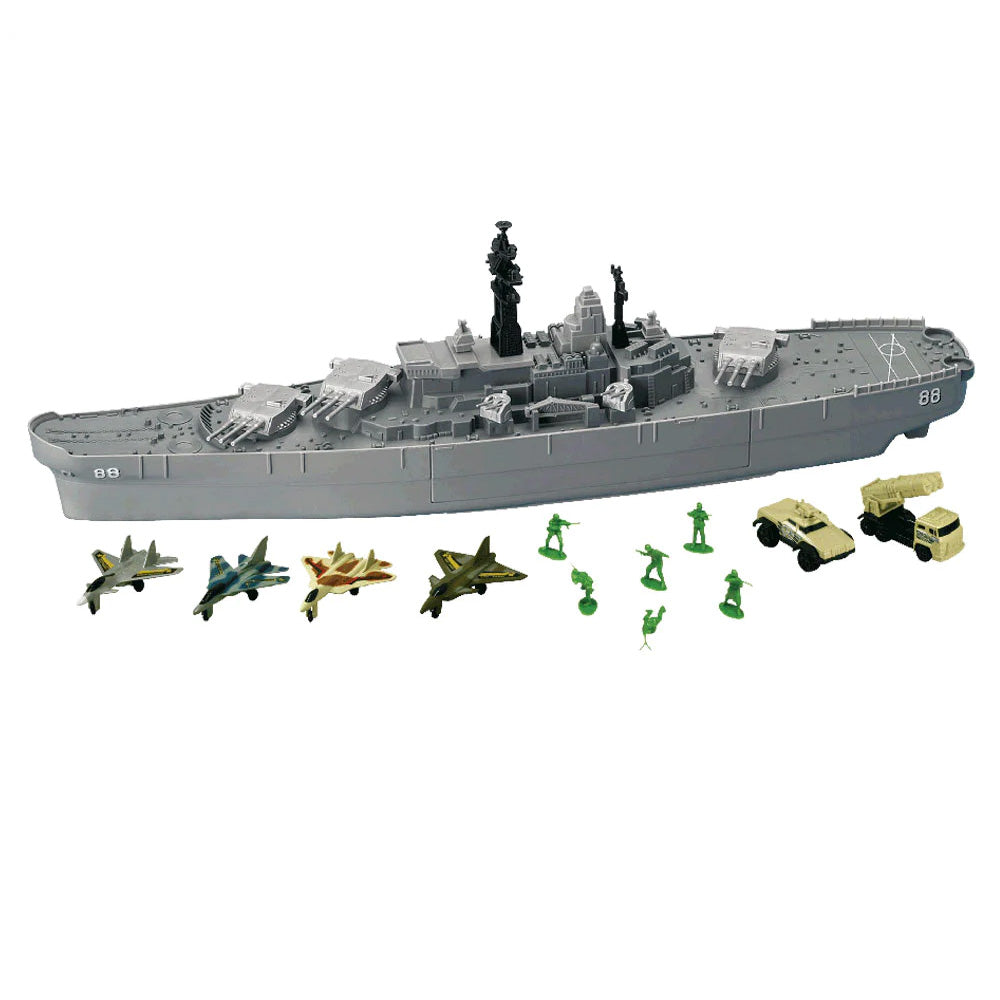 28 inch Durable Plastic Replica Playset of USS New Jersey Battleship including 4 Diecast Metal Airplanes, 2 Diecast Metal Tanks, 6 Plastic Toy Soldiers with Convenient Storage Compartment by RedBox / Motormax