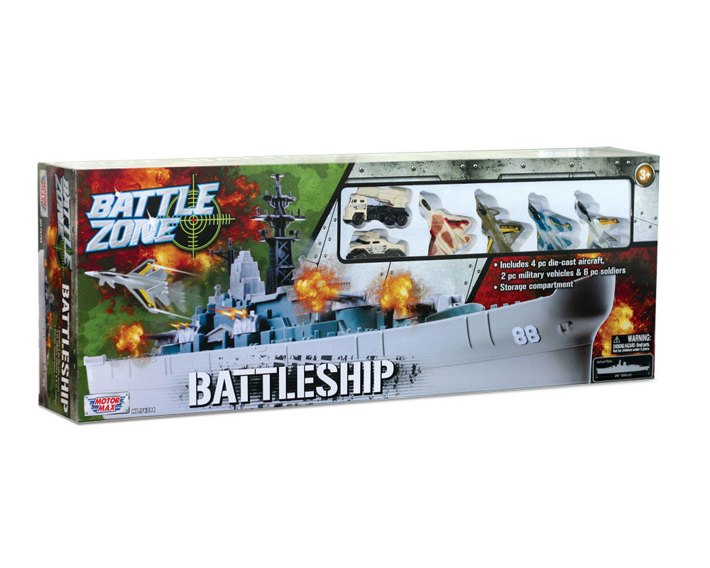 28 inch Durable Plastic Replica Playset of USS New Jersey Battleship including 4 Die Cast Metal Aircraft, 2 Die Cast Metal Tanks, 6 Plastic Soldiers with Convenient Storage Compartment in its Original Packaging by RedBox / Motormax.