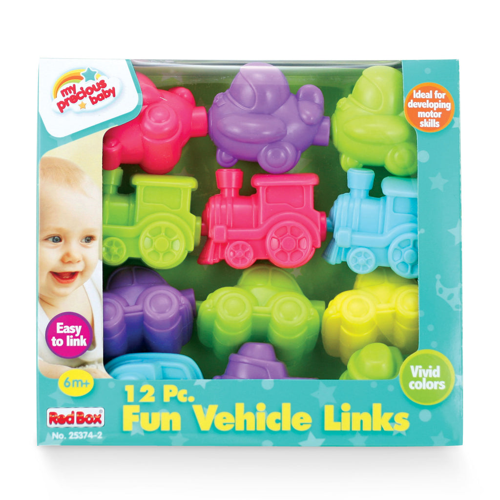 SET of 12 Durable Plastic Colorful Snap Together Vehicles including Trains, Cars, Airplanes and Boats each measuring 3.5 Inches Long in its Original Packaging by My Precious Baby.