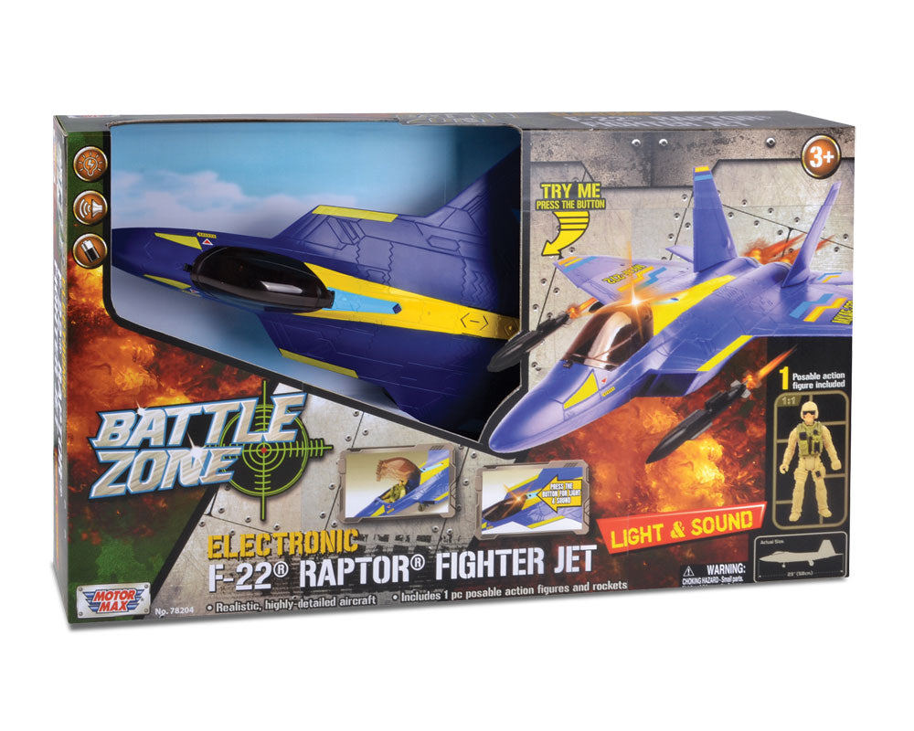 24 inch Battery Operated Durable Plastic Replica Lockheed Martin F-22 Raptor Playset including 1 Poseable Army Soldier Figure, Fuel Cans, Missiles, Working Cockpit Door & Retractable Landing Gear in its Original Packaging by RedBox / Motormax