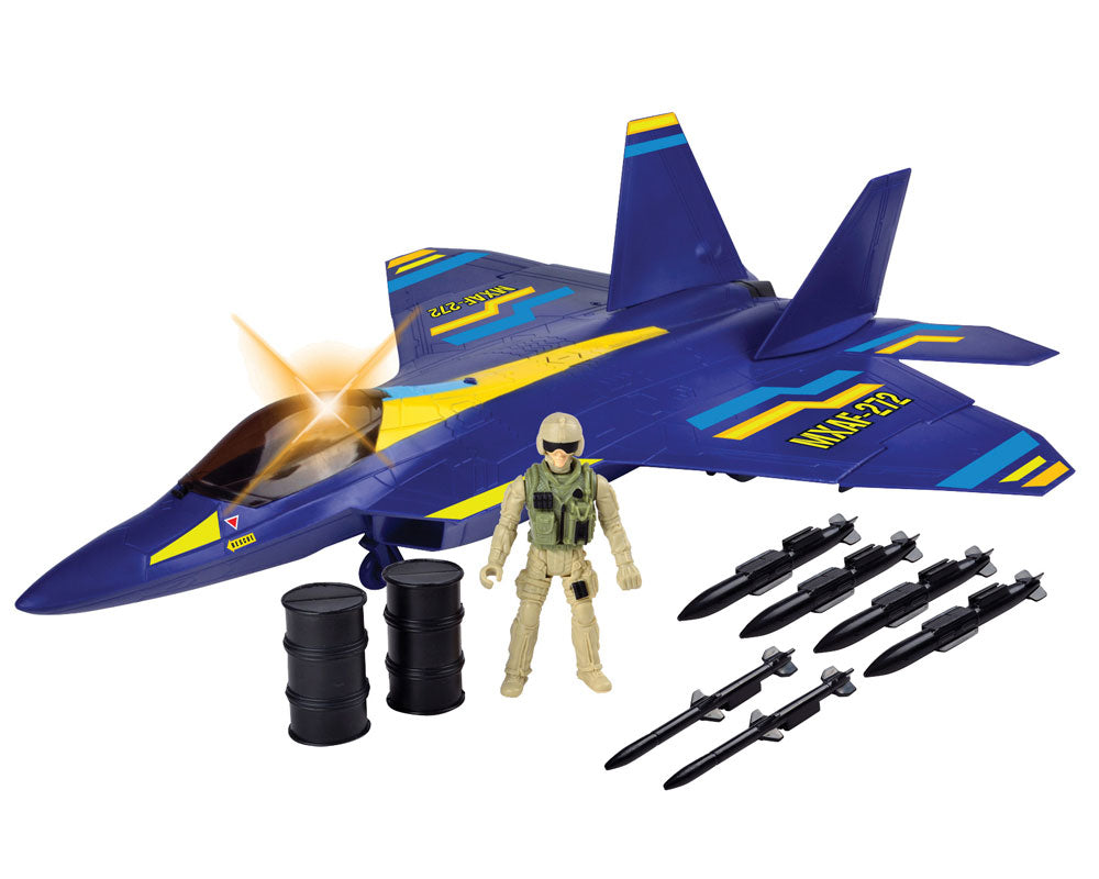 Giant 24 inch Battery Operated Durable Plastic Toy Airplane Playset Lockheed Martin F-22 Raptor Playset including 1 Poseable Army Soldier Figure, Fuel Cans, Missiles, Working Cockpit Door & Retractable Landing Gear Battle Zone by RedBox / Motormax