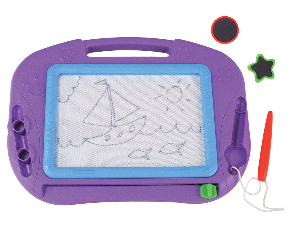 12 by 9 Inch Durable Plastic Purple Magnetic Sketch Pad including a Magic Pen, Magic Eraser and 2 Shaped Magnetic Stampers with a Convenient Carry Handle.