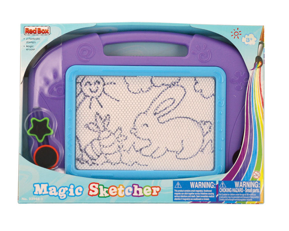 12 by 9 Inch Durable Plastic Purple Magnetic Sketch Pad including a Magic Pen, Magic Eraser and 2 Shaped Magnetic Stampers with a Convenient Carry Handle in its Original Packaging.