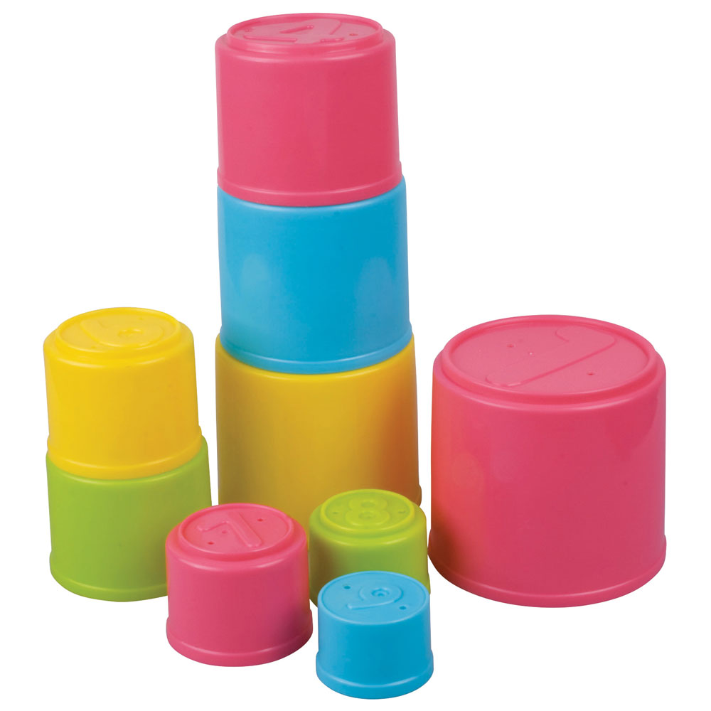 SET of 9 Durable Plastic Brightly Colored Stacking Cups featuring Holes for Water or Sand Play and Numbered for Practice Counting. Cups stack neatly inside one another for easy storage. By My Precious Baby.