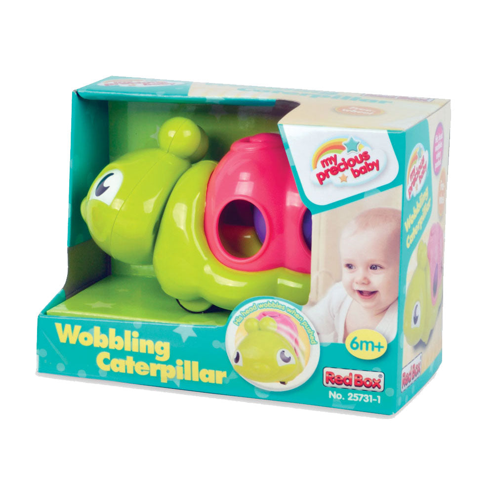 Bright Green and Pink Durable Plastic Wobbling Caterpillar with internal Moving Ball and Head that Wobbles when Pulled Along in its Original Packaging.