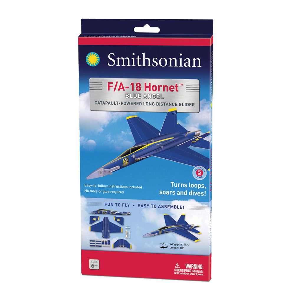 11.5 Inch Long Easy to Assemble Long Distance F/A-18 Hornet Blue Angels Fighter Glider Aircraft with Rubber Band Powered Launcher and Realistic Details & Markings in its Original Packaging.