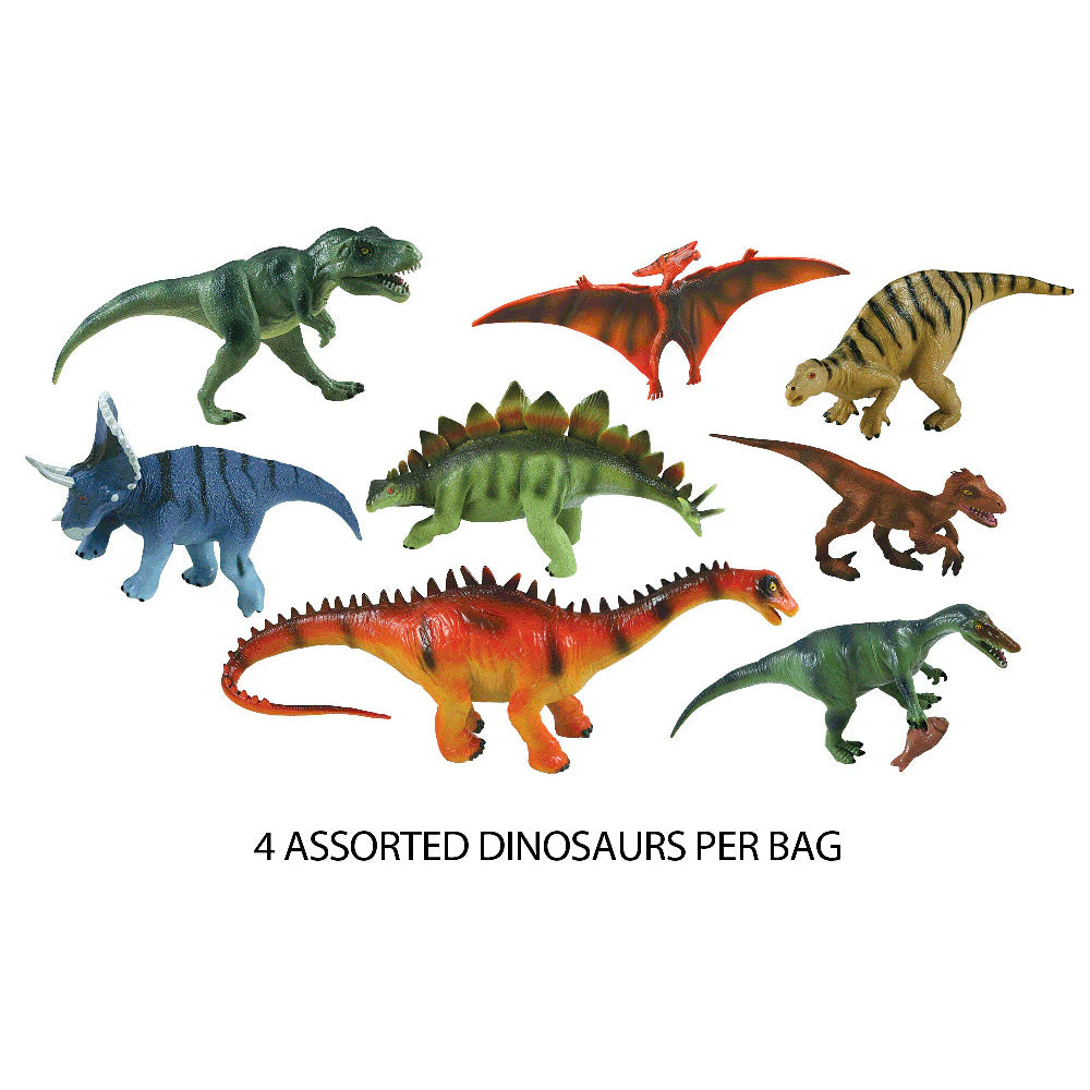 8 Assorted Plastic Dinosaurs measuring between 5 and 8 inches each.