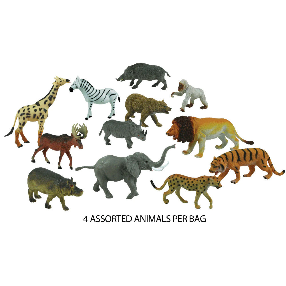 12 Assorted Plastic Wild Animals measuring between 5 and 8 inches each.