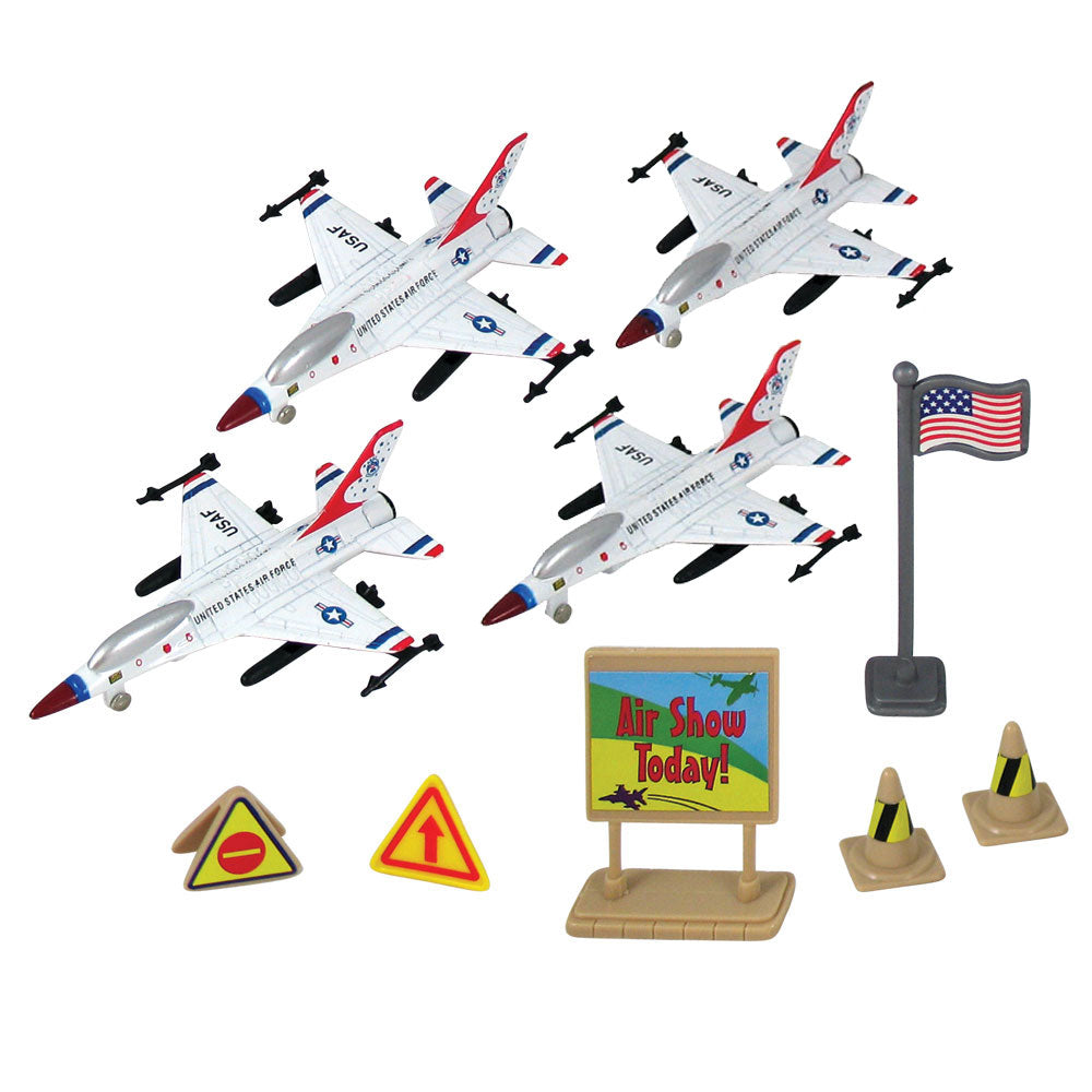 F-16 Fighting Falcon Thunderbirds toy jet airplanes. Kids can bring the air show home and reenact the aviation aerobatics of the F-16 Thunderbirds with this playset! Comes with high quality diecast metal airplanes, plastic accessories and realistic playmat. Set includes everything that’s needed for a fun fantasy playtime - toys store in reusable backpack! InAir officially licensed Lockheed jets RedBox / Motormax.