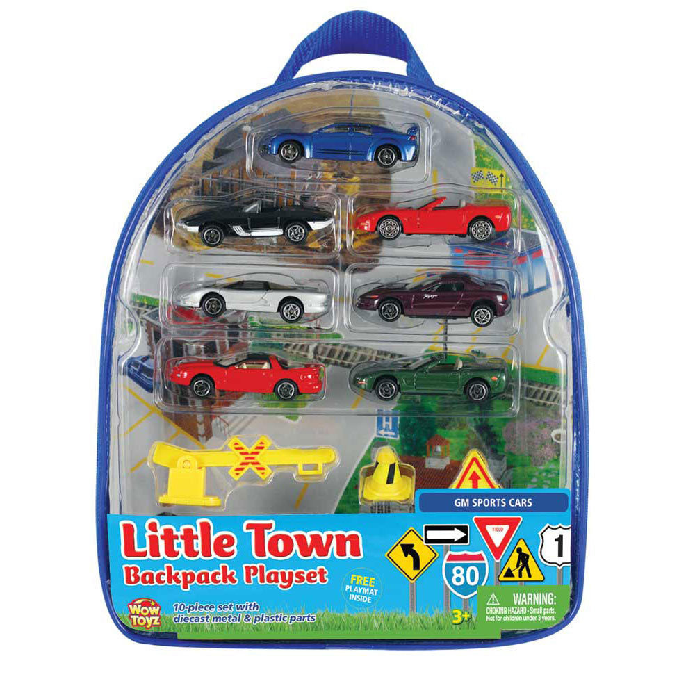 Officially Licensed 10-Piece 1:64 Scale Playset that comes in a Backpack Carry Case Featuring 7 Die Cast Metal GM (General Motors) Cars with Moving Parts, Plastic Accessories, and Realistic Playmat WowToyz Backpack Playset RedBox / Motormax.