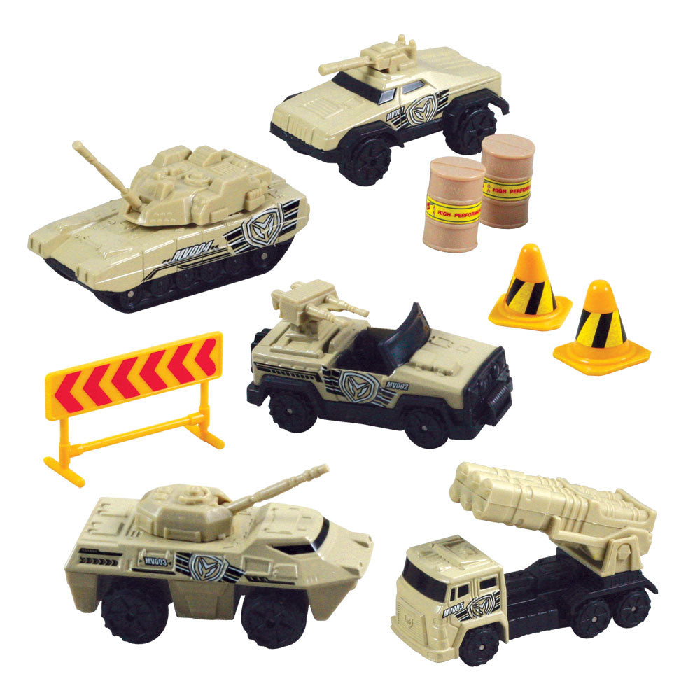 10-Piece 1:64 Scale Playset that comes in a Backpack Carry Case Featuring 5 Die Cast Metal Military Vehicles and Tanks with Moving Parts, Plastic Accessories, and Realistic Playmat by RedBox / Motormax.