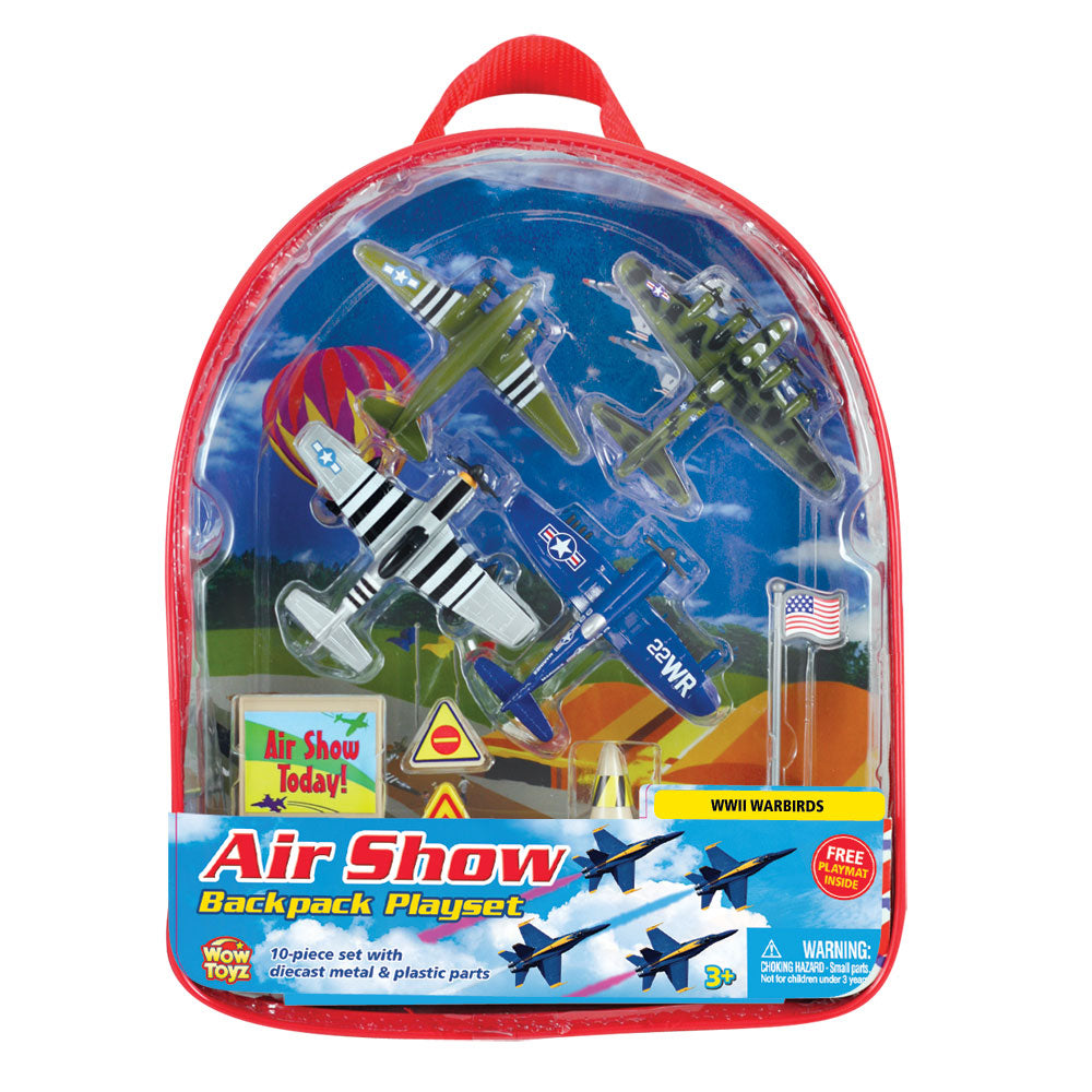 10-Piece WowToyz Backpack Playset Featuring 4 Diecast Metal World War II Fighter & Bomber Toy Airplanes and Plastic Accessories, and Realistic Playmat by RedBox / Motormax. P-51 Mustang, C-47 Skytrain (DC-10), B-17 Flying Fortress, F4U Corsair.