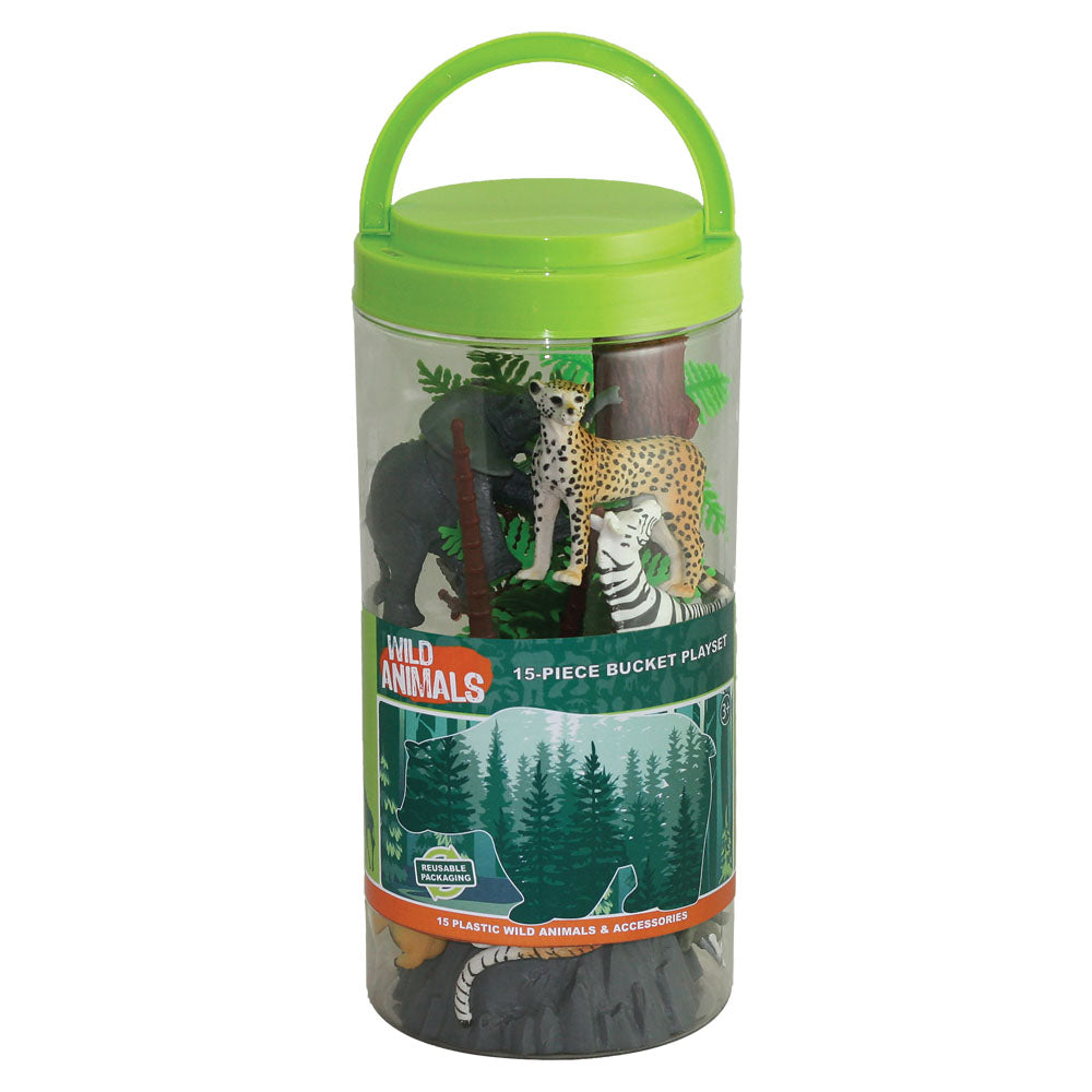 This collection of authentically detailed wild animals and accessories comes in an eco-friendly, reusable bucket for hours of imaginative play and convenient storage! Bucket lids feature a twist locking mechanism to keep the pieces in place for travel or storage.  15 assorted plastic wild animals and accessories, 3” - 5” long Sustainable toys