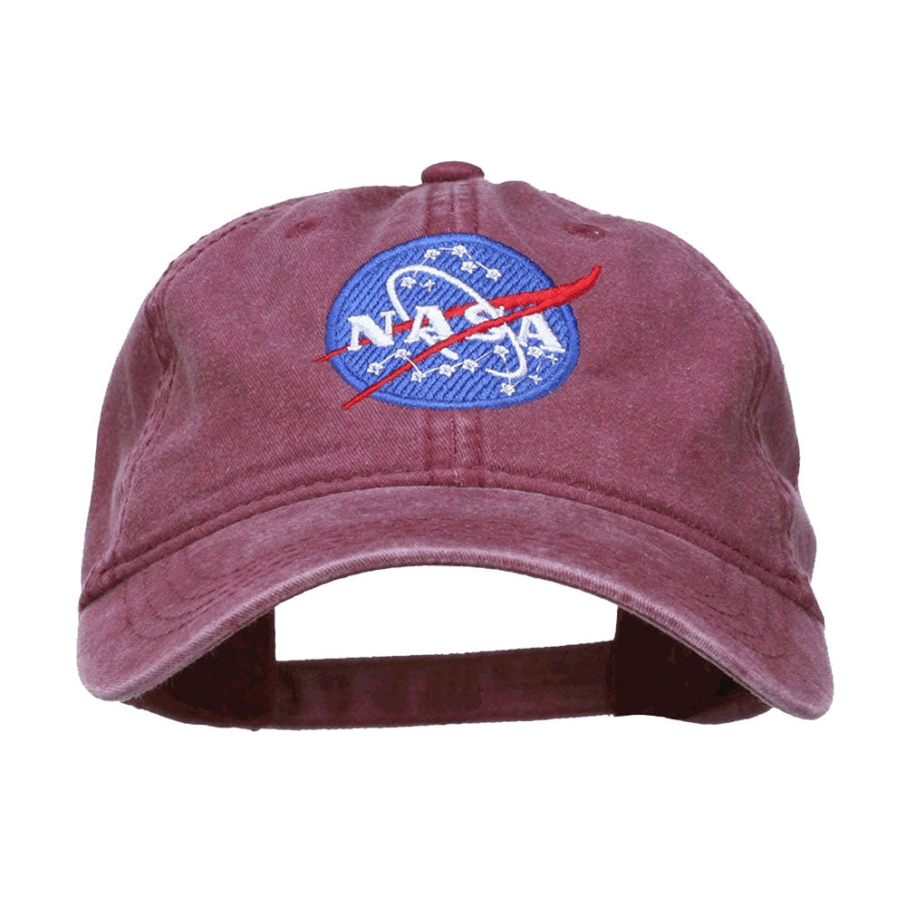 Pigment Dyed 100% Washed Cotton Maroon Baseball Dad Cap Hat featuring Embroidered Official NASA Logo Insignia with One Size Fits All Adjustable Buckle Strap Closure.