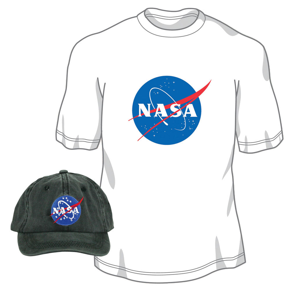 Pigment Dyed 100% Washed Cotton Black Adjustable Buckle Strap Closure One Size Fits All Baseball Dad Hat and 100% Preshrunk, Heavyweight Cotton White T Shirt both featuring the Official NASA Logo Insignia.