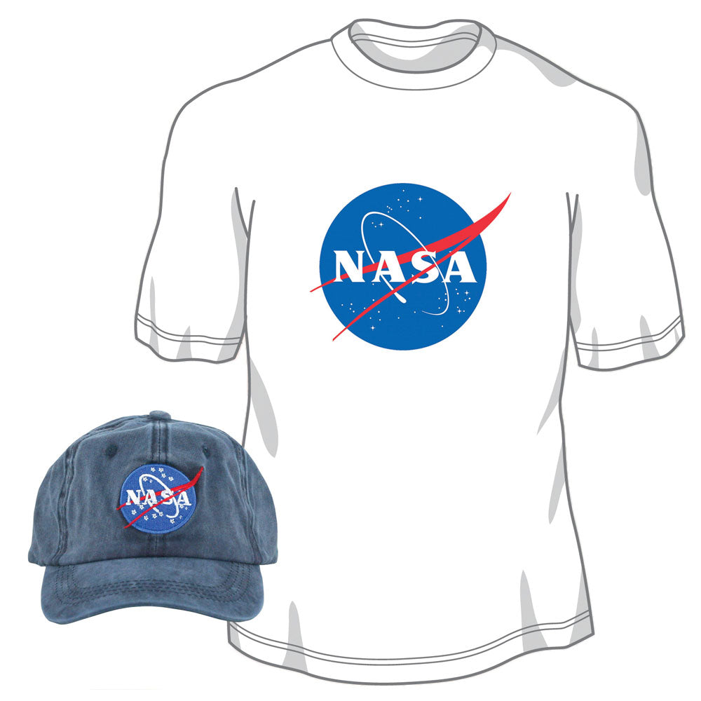 Pigment Dyed 100% Washed Cotton Blue Adjustable Buckle Strap Closure One Size Fits All Baseball Dad Hat and 100% Preshrunk, Heavyweight Cotton White T Shirt both featuring the Official NASA Logo Insignia.