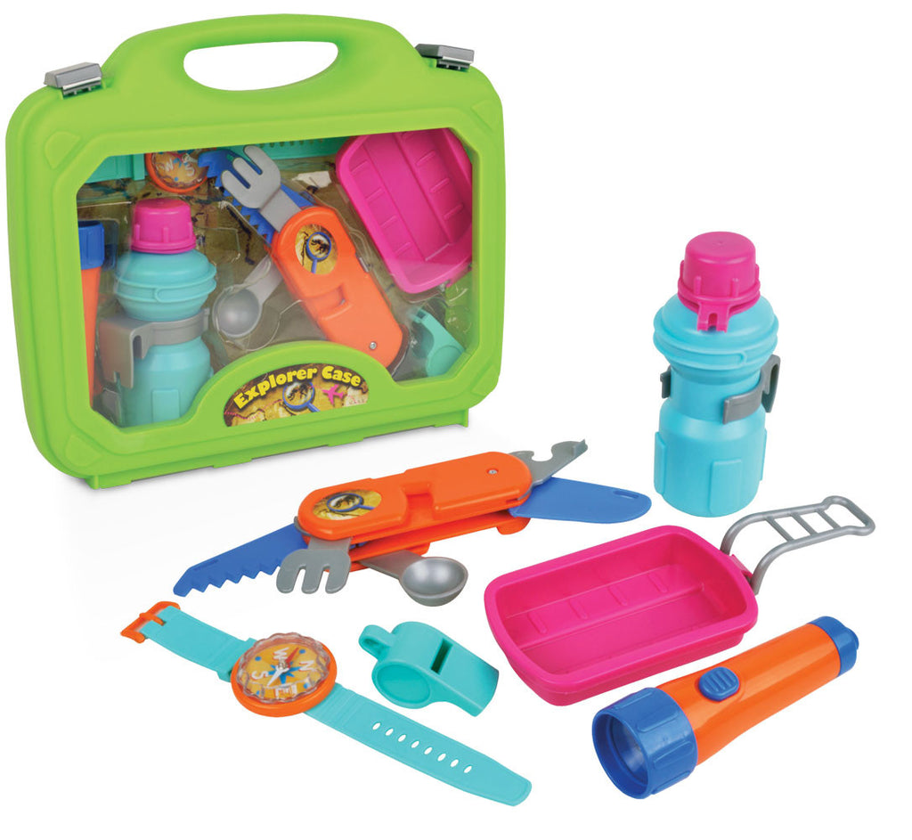 Deluxe 6 Piece Children’s Playset including a Working Flashlight, Multi-Functional Camping Utensil Tool, Water Bottle with Belt Clip, Working Compass Watch, and Whistle which all comes in a Convenient Carry Case.
