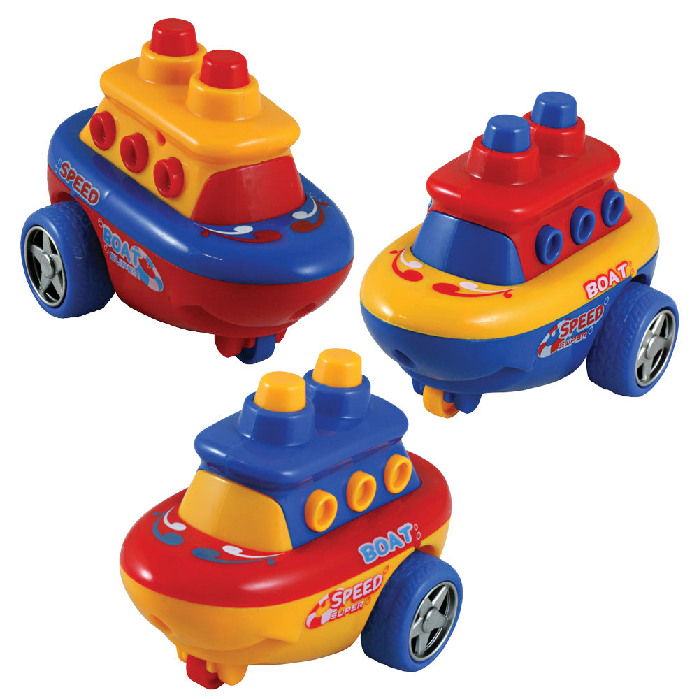 SET of 3 Friction-Powered Brightly Colored Durable Plastic Boats that Spin Around and Change Direction upon Hitting an Obstacle.