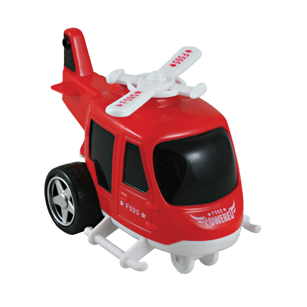 Friction-Powered Red Durable Plastic Helicopter that Spins Around and Changes Direction upon Hitting an Obstacle.