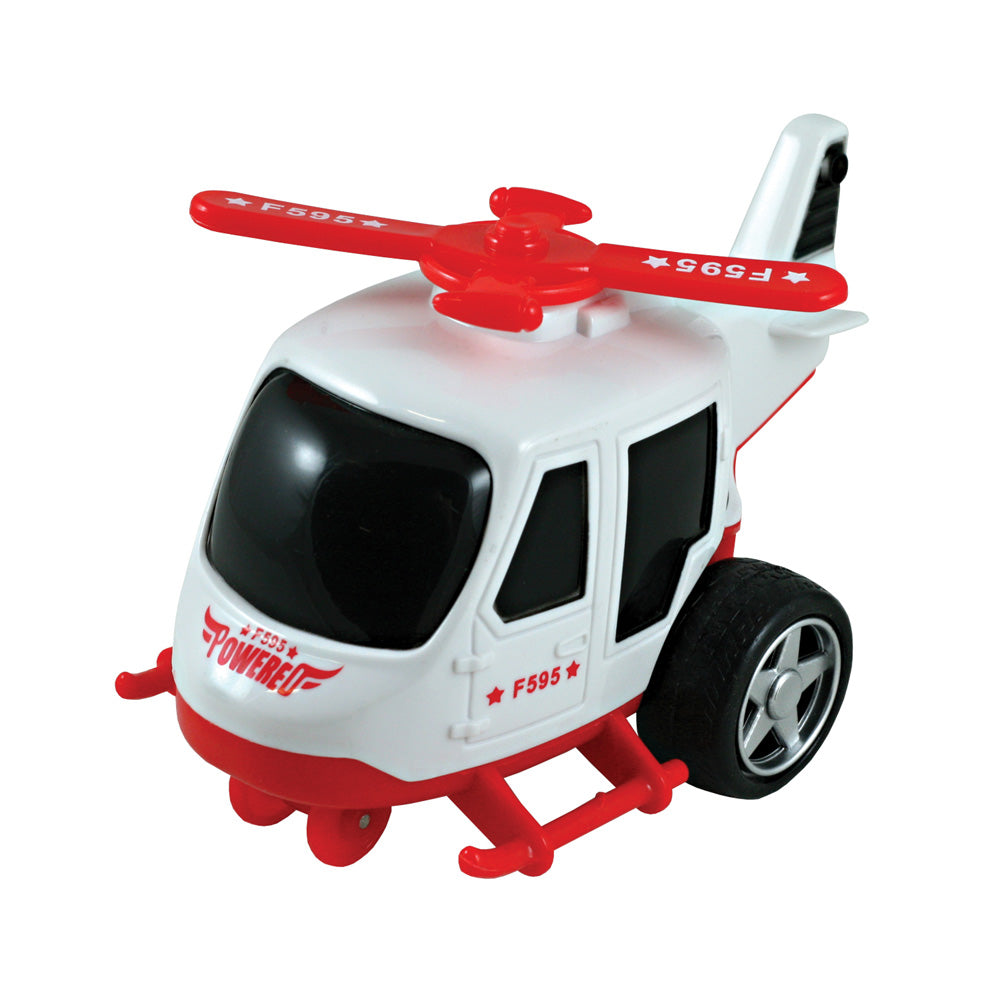 Friction-Powered White Durable Plastic Helicopter that Spins Around and Changes Direction upon Hitting an Obstacle.