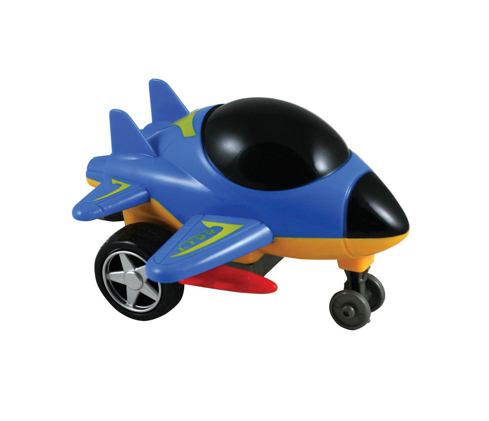 Friction-Powered Blue Durable Plastic Jet that Spins Around and Changes Direction upon Hitting an Obstacle.