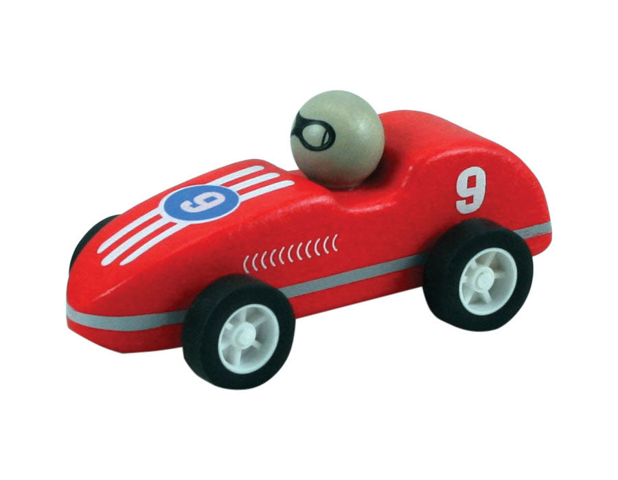 Red Durable Wooden Friction Powered Pullback Race Car with the Number 9 measuring 4 Inches Long.