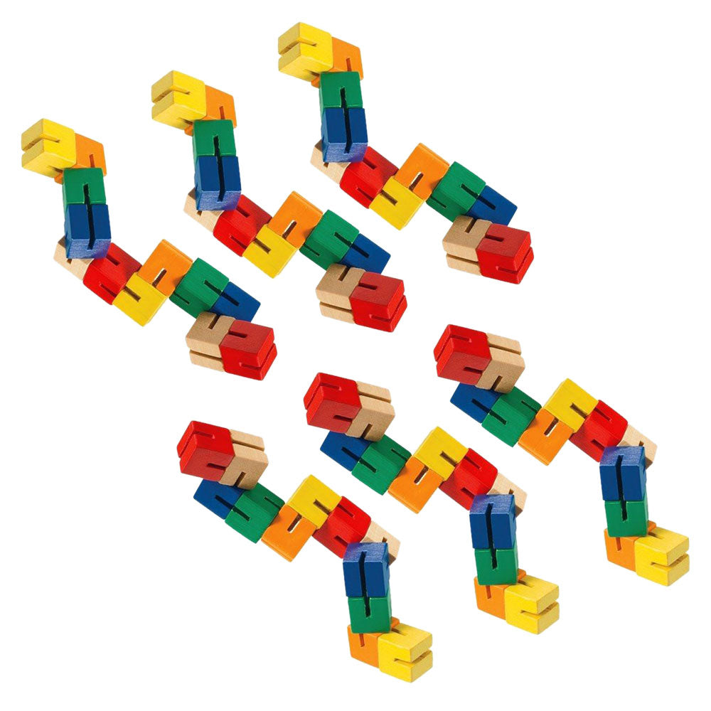 SET of 6 Durable Wooden Puzzle Fidget Toys each Composed of 12 Colorful Cubes Strung Together by Heavy Duty Nylon Elastic and Painted with Lead Free Paint. 