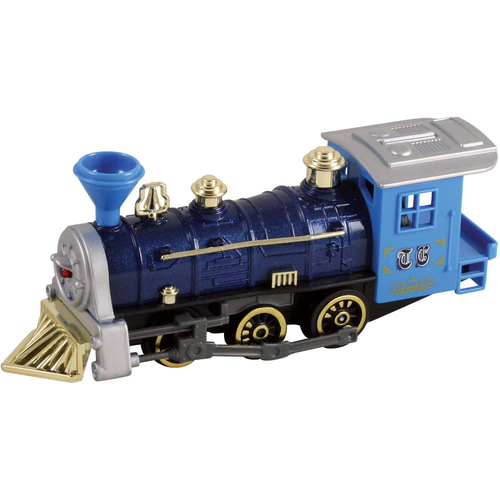 7 Inch Long Blue Durable Die Cast Metal and Plastic Steam Locomotive Train featuring Friction Powered Pullback Action and Working Side Rails.