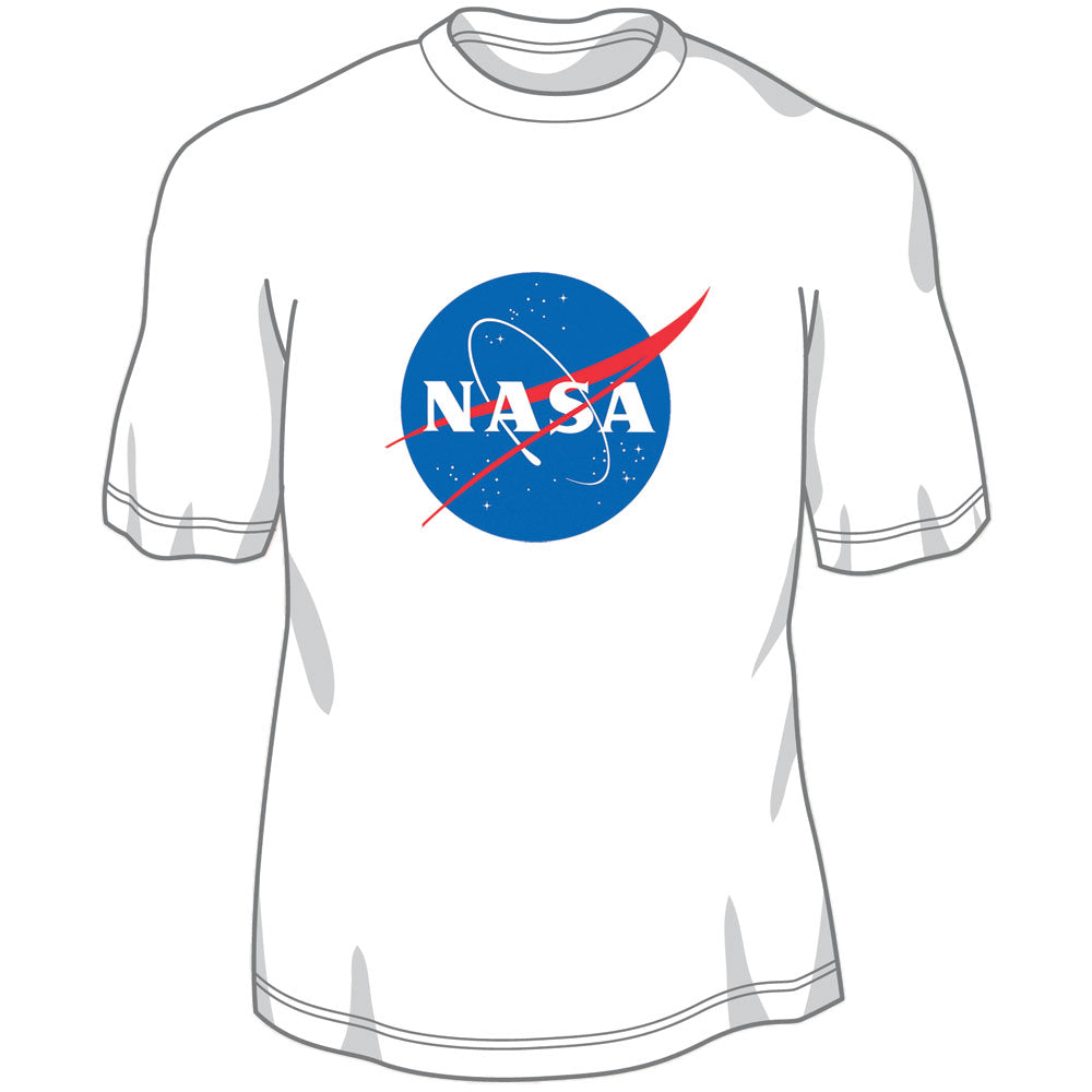 100% Preshrunk, Heavyweight White Cotton Short Sleeve T Shirt featuring Screen Printed Official NASA Logo Insignia on the Front.