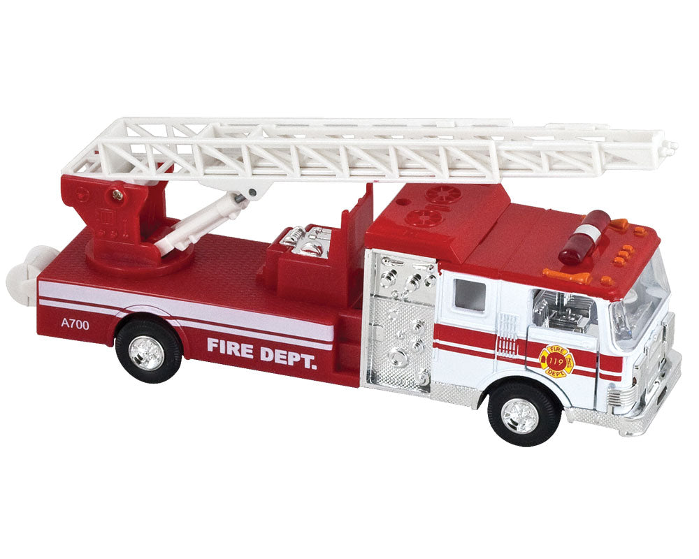 7.5 Inch Long Bright Red Fire Truck Engine with Friction Powered Pullback Action, Opening Doors, Swiveling Extendable Ladder and Realistic Lights & Sounds.