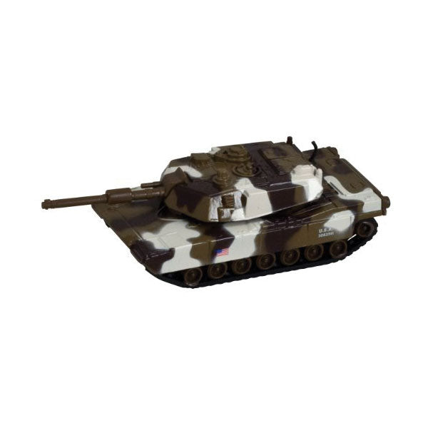5 Inch Long Durable Die Cast Metal Friction Powered Pullback Action  Camouflage Military Tank with Turret that moves Up and Down Manually and Side to Side when Moving Along. Comes in 6 Assorted Styles.
