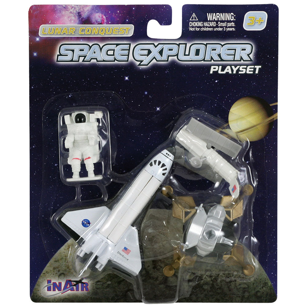 4 Piece Die Cast Metal and Plastic NASA Lunar Conquest Playset including Space Shuttle Orbiter, Lunar Lander, Satellite and Astronaut in EMU Space Suit in its Original Packaging.