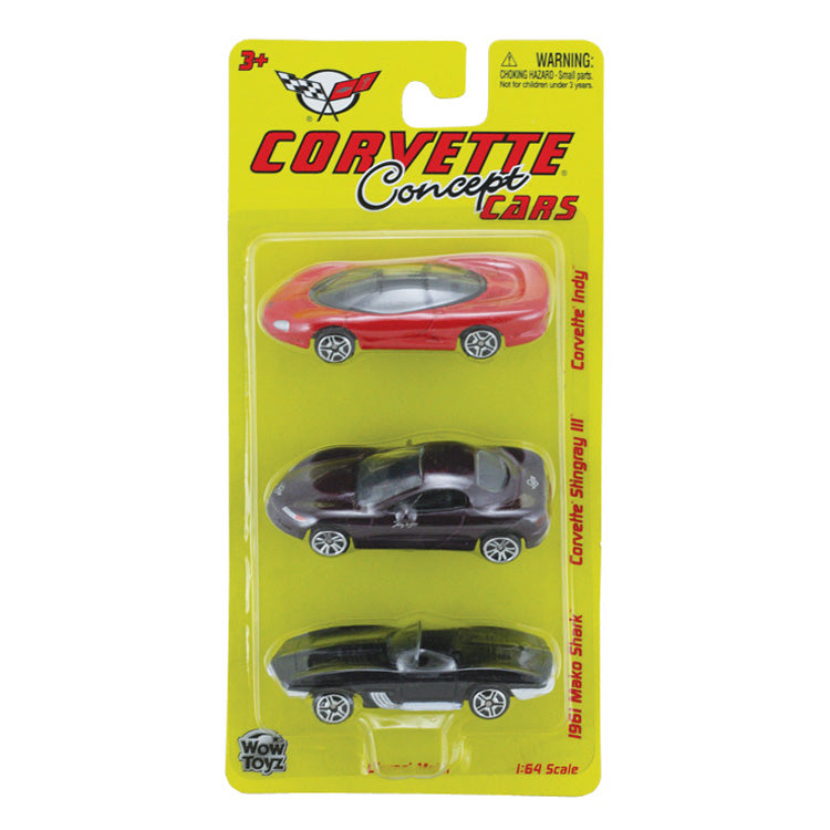 Set of 3 1:64 Scale Die Cast Chevrolet Corvette Concept Cars including the Corvette Indy, Corvette Stingray III and the 1961 Mako Shark shown in its Original Packaging by RedBox / Motormax.