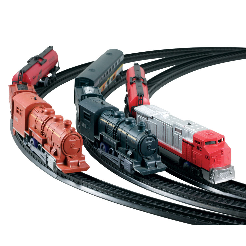 SET of 3 10-Piece Battery Operated Die Cast Metal and Plastic Hobby Model Scout Series Train Sets Steam & Diesel Engine and Freight Cars each Including 8 Sections of Snap Together Track to Make a 6 Foot Circle.