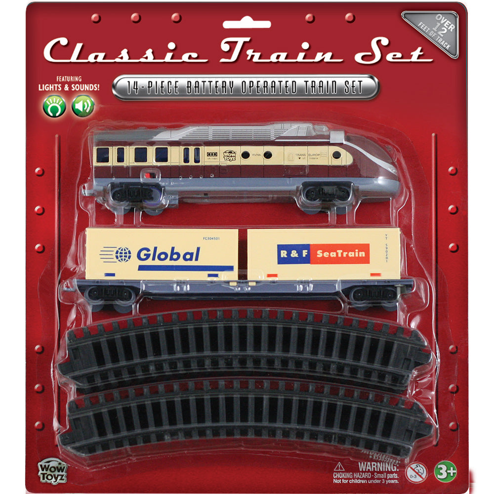 14-Piece Battery Operated Die Cast Metal and Plastic Hobby Model Classic Train Set with Lights & Sounds Diesel Engine, Cargo Container Car, and 12 Sections of Curved Track. Comes in Convenient Reusable Carrying Case.