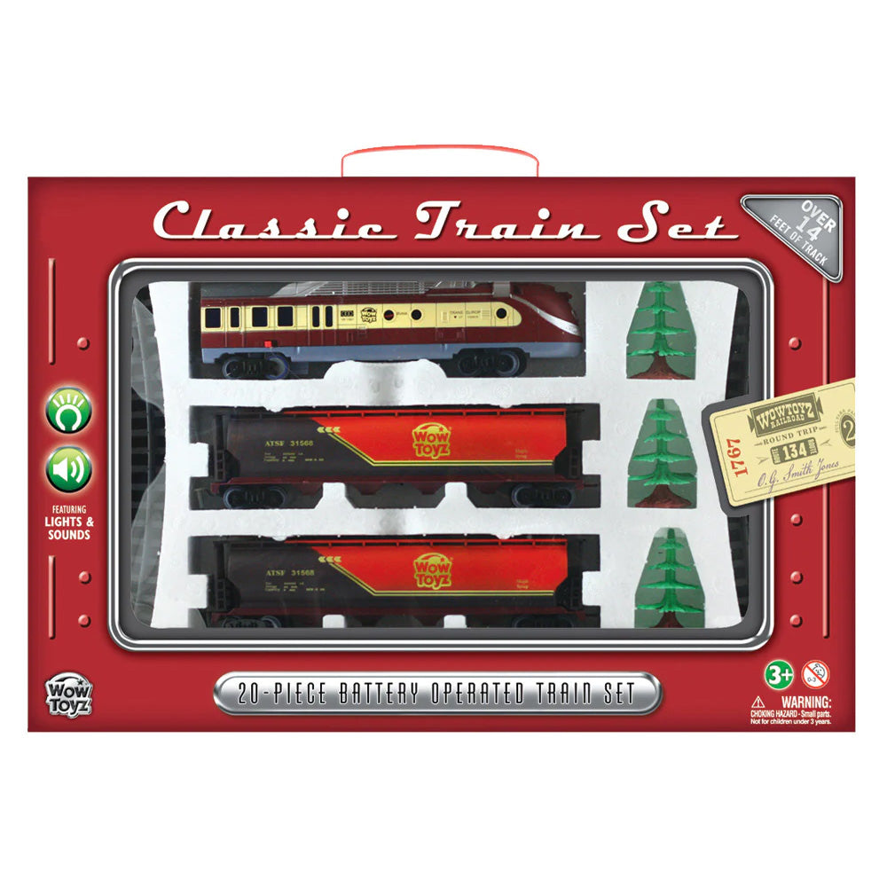 20-Piece Battery Operated Die Cast Metal and Plastic Hobby Model Classic Train Set with Lights & Sounds Diesel Engine, 2 Tanker Cars, Scale Trees, and 16 Sections of Straight and Curved Track. Comes in Convenient Reusable Carrying Case.