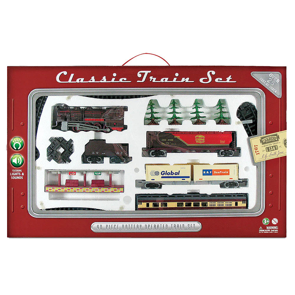 WowToyz Classic Train Set 40-piece. Create a wide variety of layouts with this battery-powered deluxe train set that contains 25 feet of track! This set includes a steam locomotive with lights and sounds, a passenger car, double container cars, a tanker, a train station, pine trees, straight, curved, “Y” track and cross section track. Reusable carry case packaging.