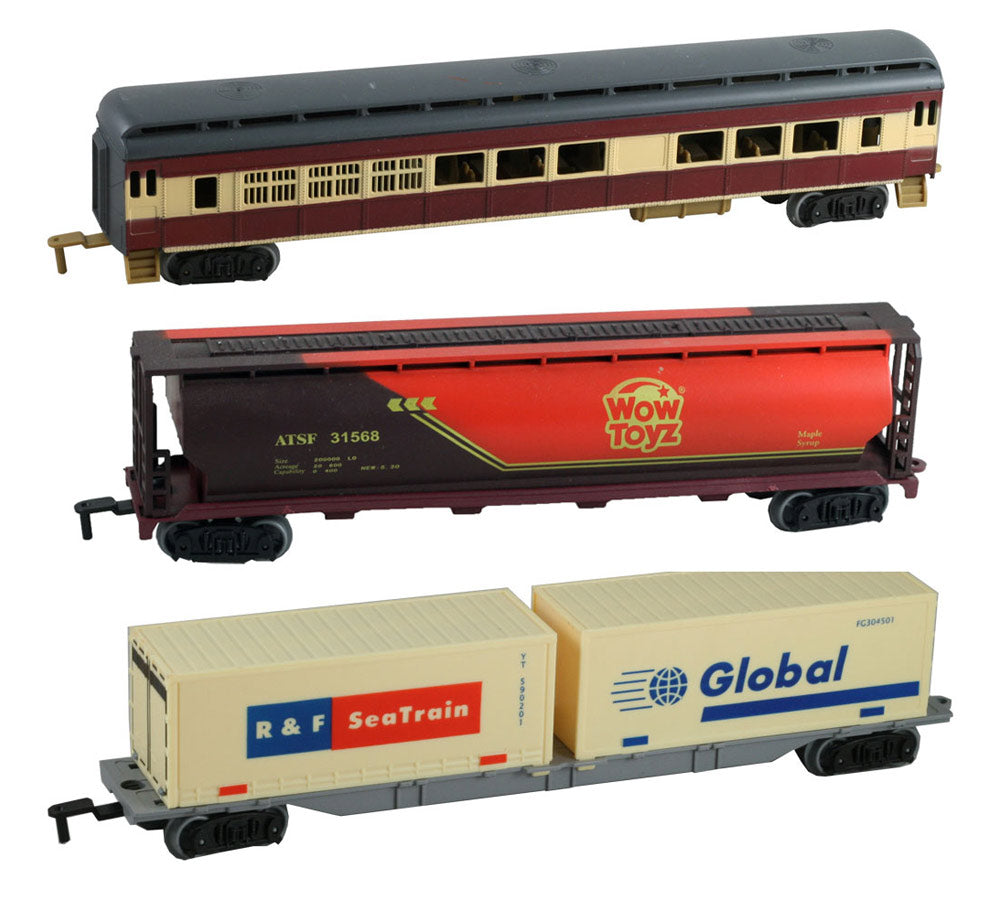 WowToyz Classic Train Set Passenger Car, Maple Syrup Tanker Car and Double Container Car